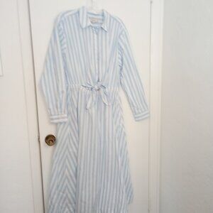 Loft Blue & White Striped Poplin Tie Front Long Shirt Dress